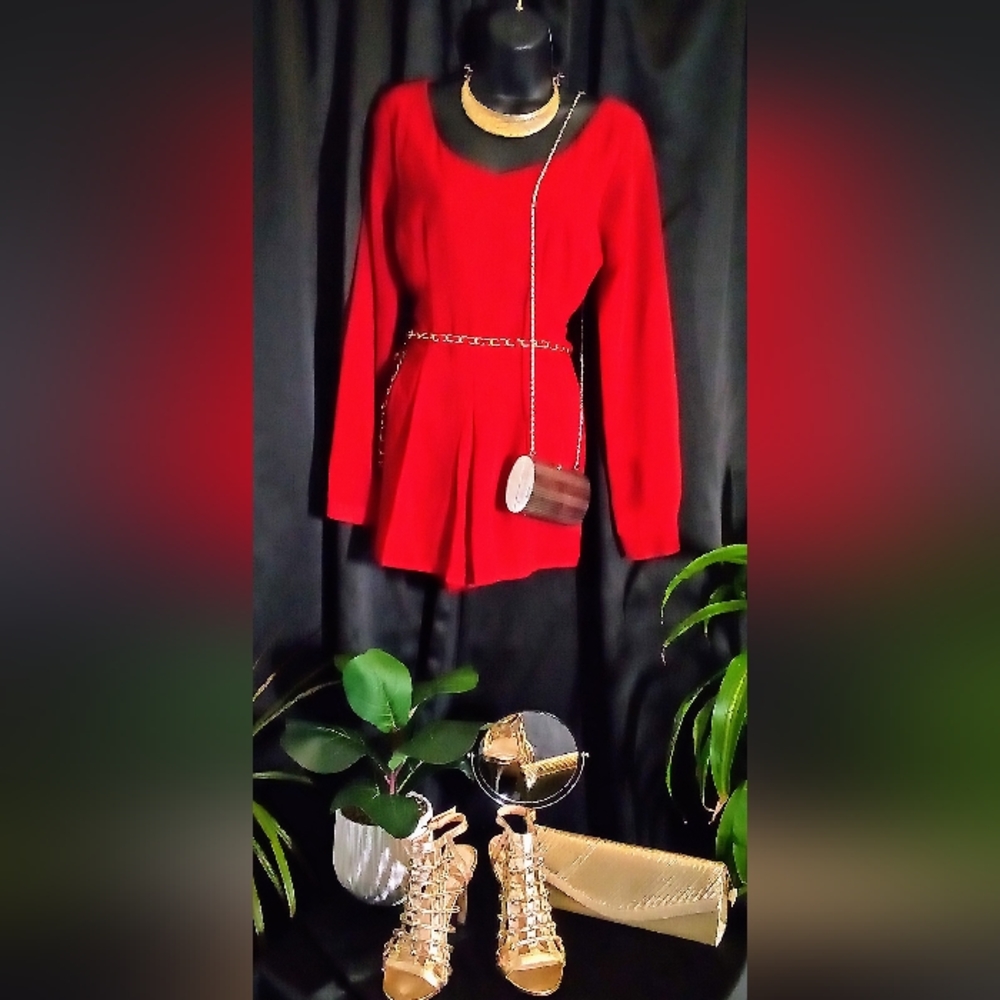 MINE Plunging Neck Pleated Lantern Sleeve Self Belted Romper